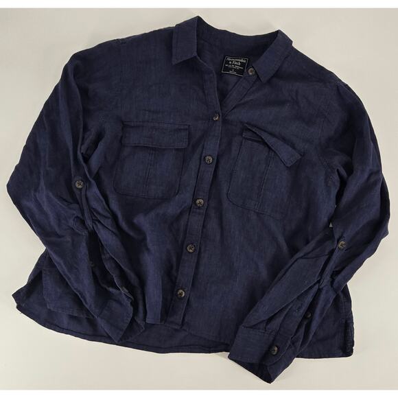 Abercrombie and Fitch Linen Blend Button Down Beachy Boxy Womens Large Old Money - Picture 7 of 7
